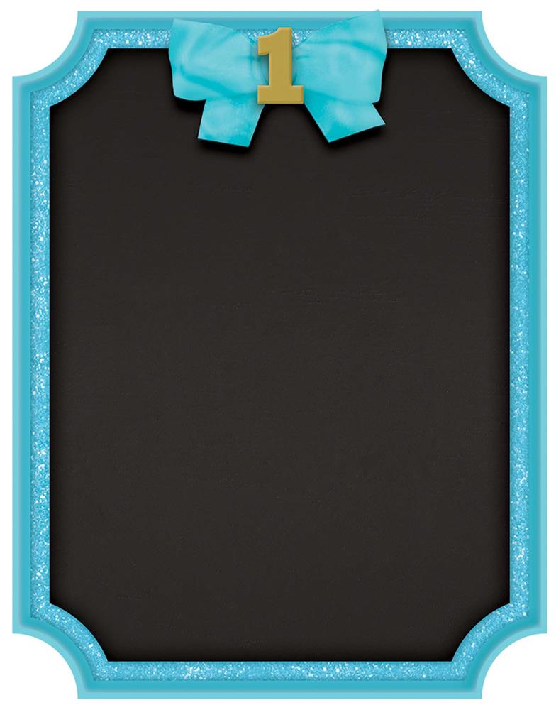 Blue glittered MDF easel chalkboard with scalloped edges and a teal bow topped with a gold number 1.