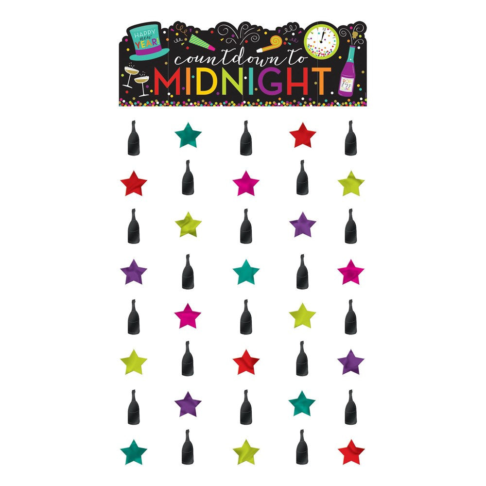Doorway curtain with black header featuring colorful "Countdown to Midnight" text, hat, clock, champagne, and tassels,.
