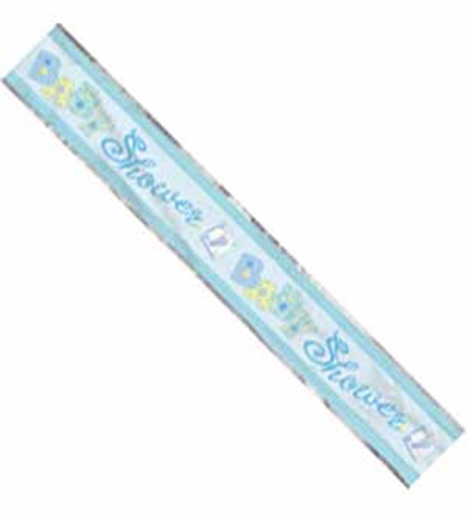 12ft baby blue foil banner with stitched edges and baby shower text in playful font.