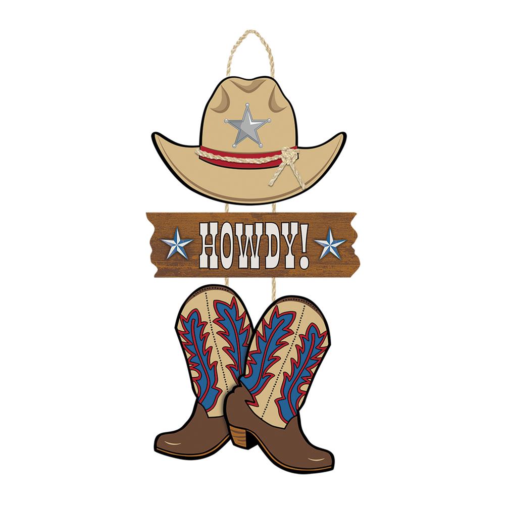 Wooden Western-themed triple sign with cowboy hat, "Howdy!" text, and decorated boots, hanging rope included.
