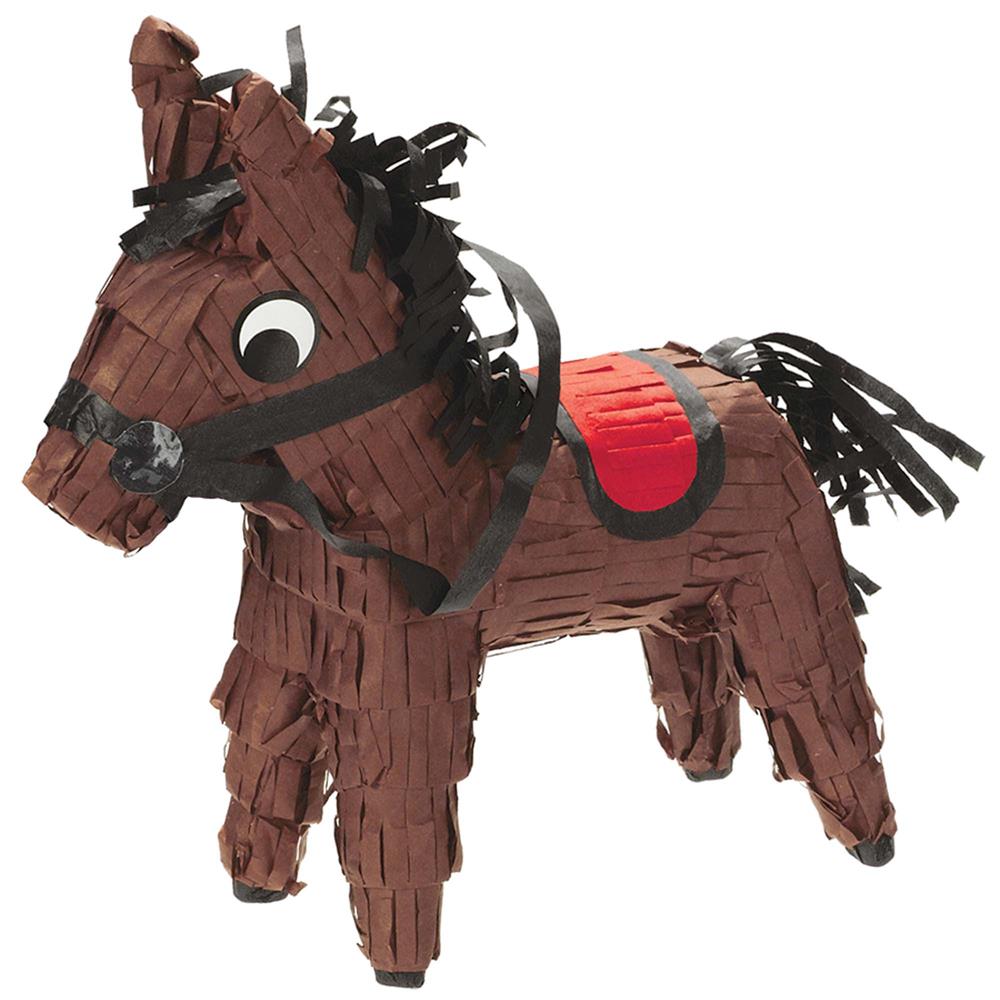 Brown paper Western mini horse decoration with black mane, tail, and bridle, featuring a red saddle and googly eyes.
