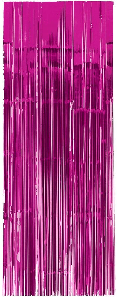 Bright pink metallic fringe curtain measuring 3ft by 8ft with shiny strands for party decor.
