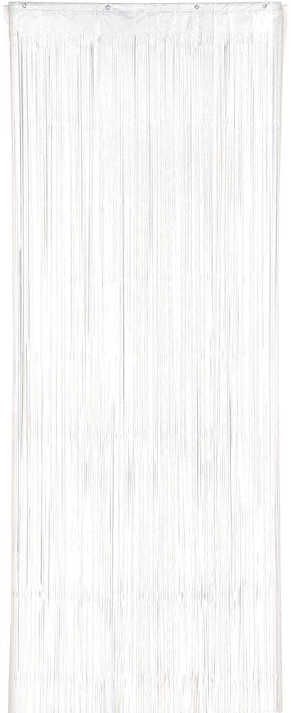Frosty white metallic curtain with vertical shiny streamers for party decor.