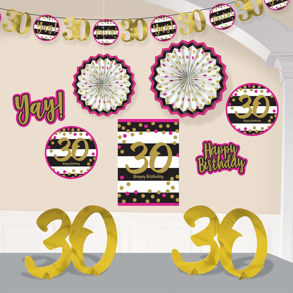 Pink-gold 30 themed party decor kit with hanging fan decorations, banners, and table numbers.