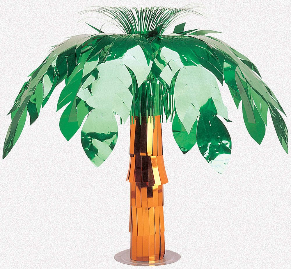 20-inch foil palm tree centerpiece with shiny green leaves and metallic gold trunk.