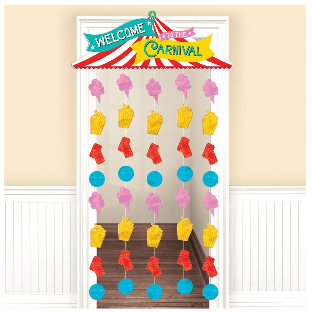 Colorful carnival-themed doorway curtain with popcorn, cotton candy, circus tents, and "Welcome Carnival" banner.