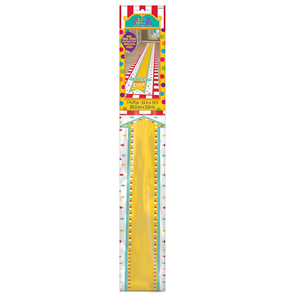 Yellow carnival-themed floor runner with red and white striped border and colorful game graphics for kids birthday party.