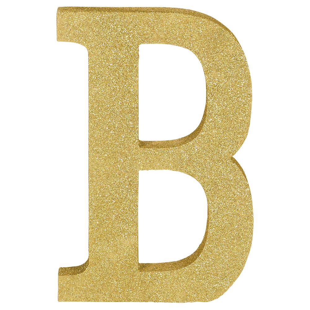 Gold glitter decorative letter B with smooth edges and flat surface, 8.875 inches tall.