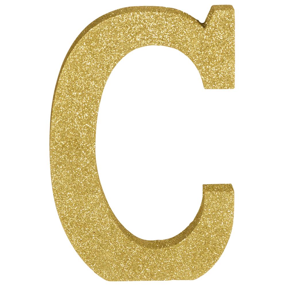 Gold glitter decorative letter C with smooth edges, about 8.875 inches tall and 1 inch deep.