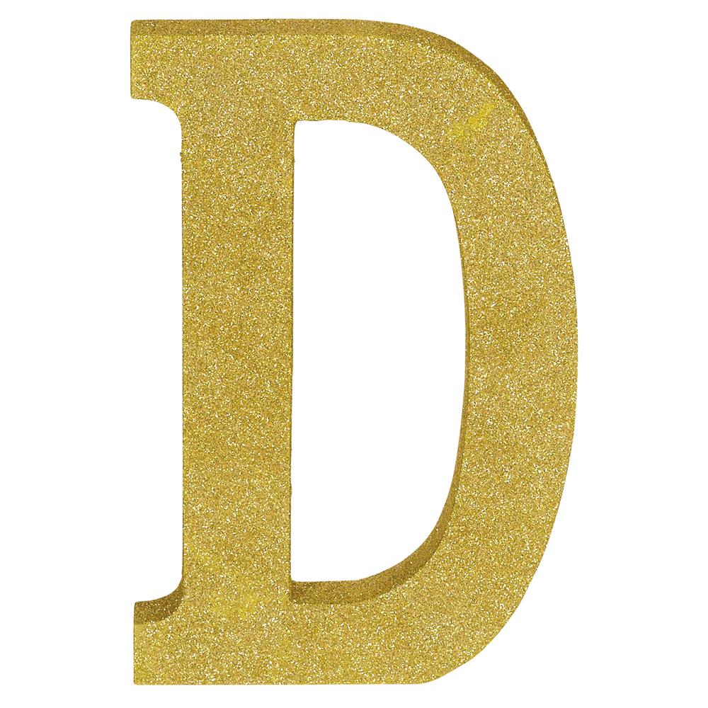 Glittery gold letter D decoration, 8.875 inches tall, 5.75 inches wide, flat design.