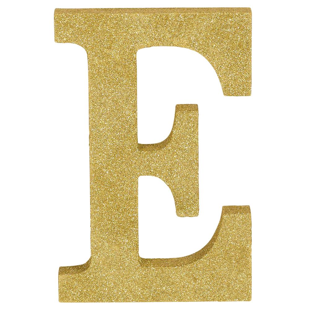 Gold glitter decorative letter E, 8.875 inches tall, flat wooden cutout with smooth edges.