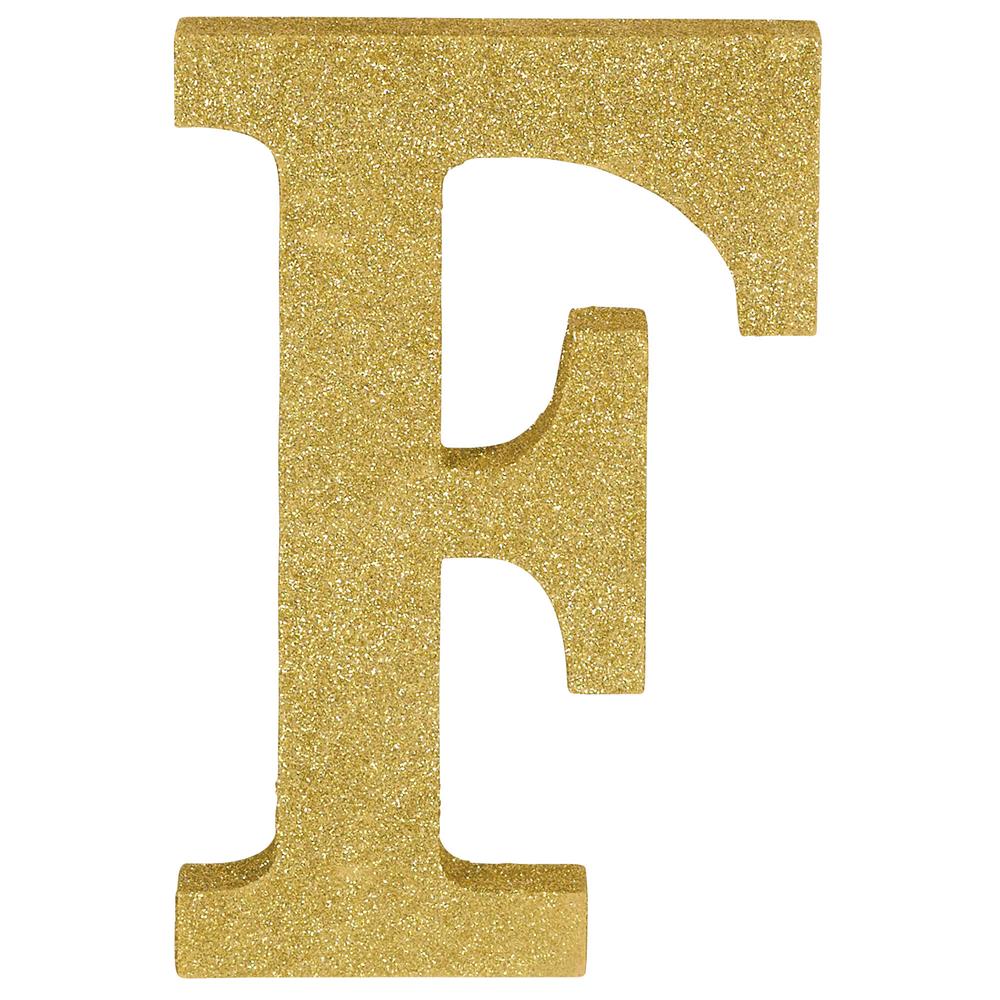 Gold glitter decorative letter F, 8.875 inches tall, flat wooden block style.