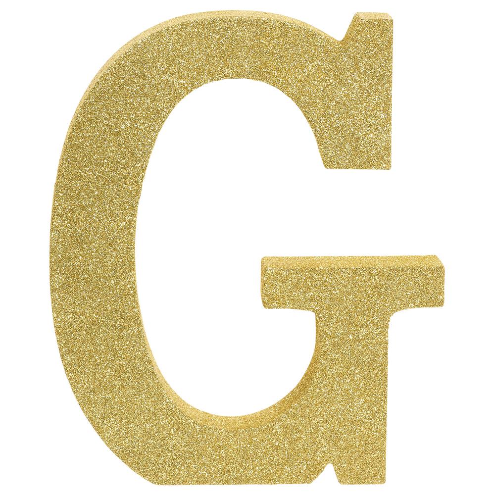 Gold glitter-covered uppercase letter G, 8.875 inches tall with a flat back and 1-inch depth.