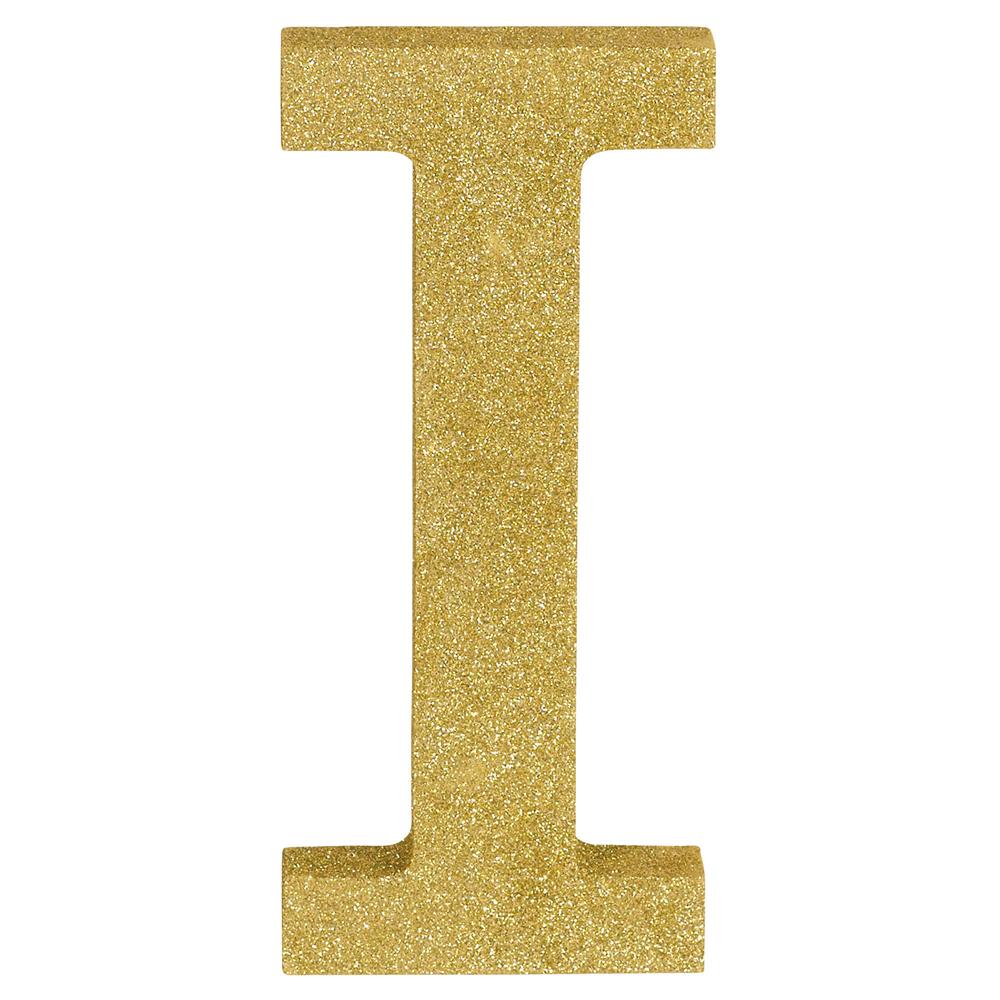 Gold glitter decorative letter I with a block font and smooth edges.