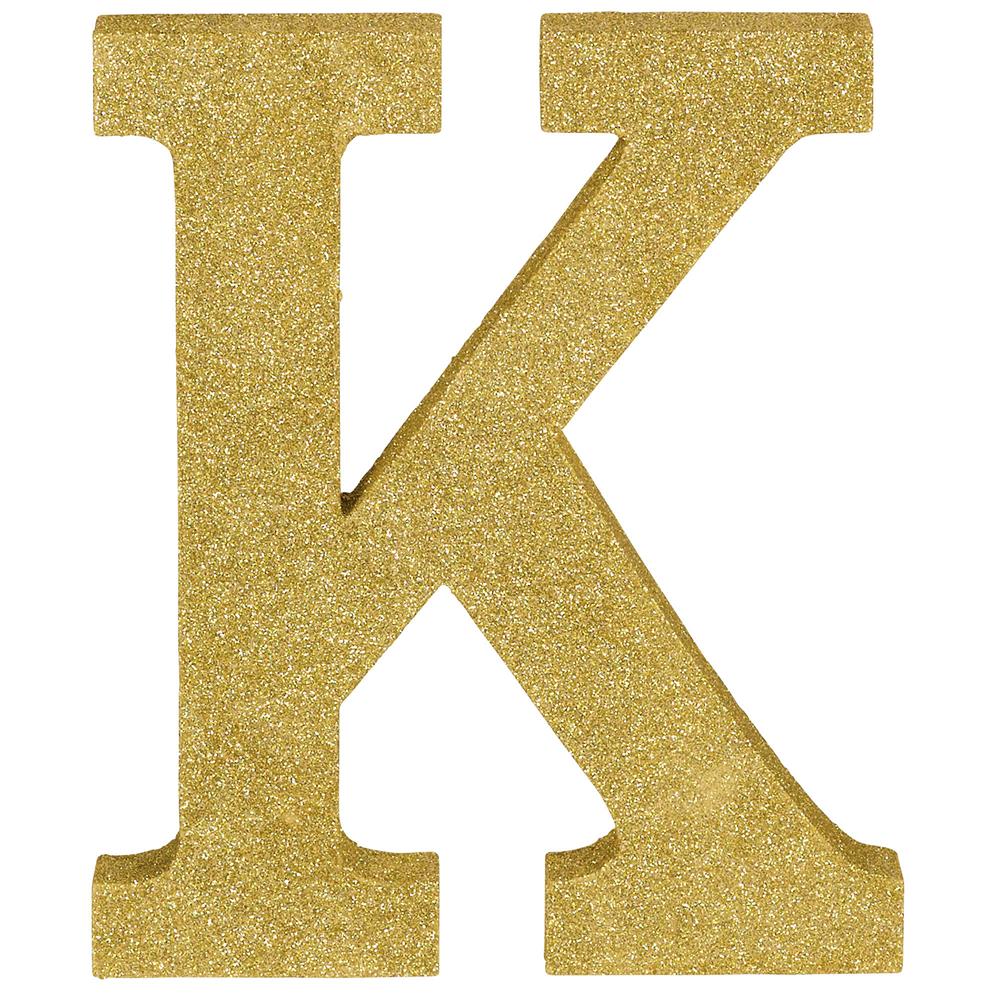 Gold glitter decorative letter K, block font, 8.875 inches tall, flat back surface.