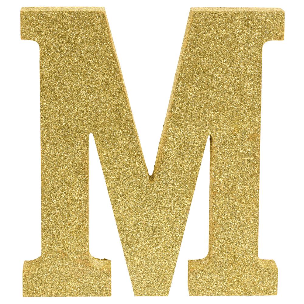 Gold glitter decorative letter M with bold serif font, 8.875 inches tall, 1 inch thick.