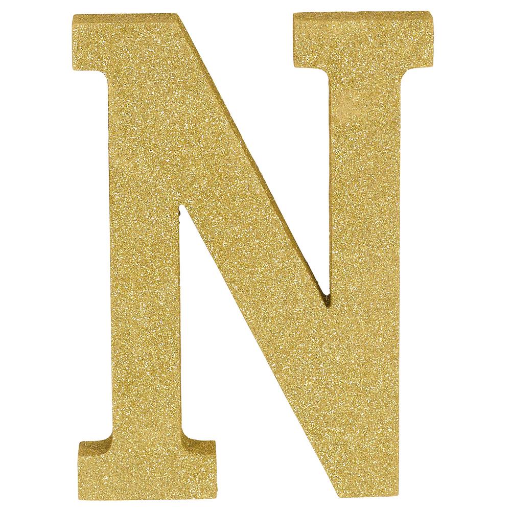 Gold glitter decorative letter N, 8.875 inches tall, smooth edges, bold serif font.