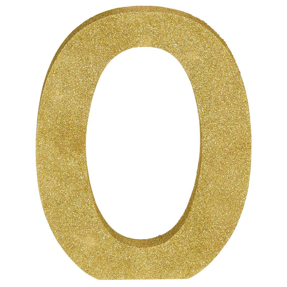 Gold glitter decorative letter O with smooth edges, flat back, and 8.875-inch height.