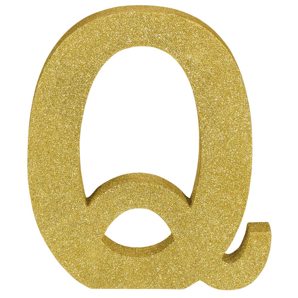 Gold glitter uppercase letter Q decoration, 8.875 inches tall, textured surface.