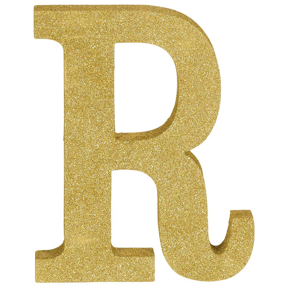 Gold glitter decorative letter R with a serif font, 8.875 inches tall, 1 inch thick.