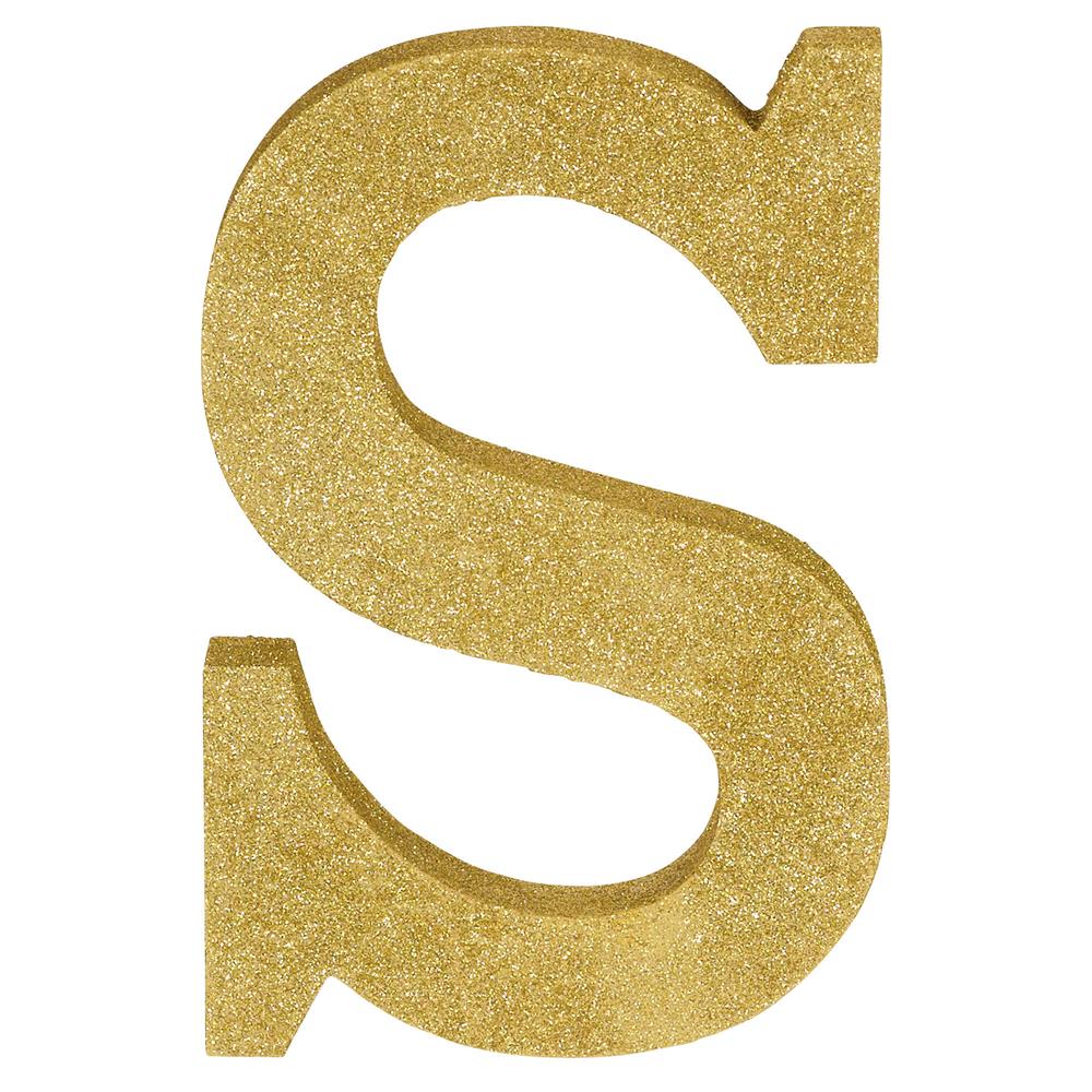 Gold glitter decorative letter S, 8.875 inches tall, 5.875 inches wide, 1 inch thick.