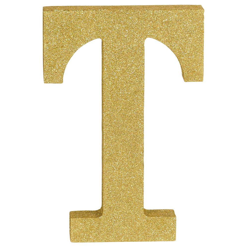 Glittery gold uppercase letter T with block design, 8.875 inches tall, 1-inch thick wooden decor.