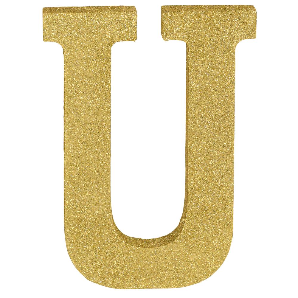 Gold glitter uppercase letter U decoration, 8.875 inches tall, 6.5 inches wide, flat back.
