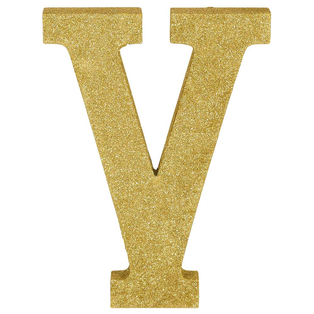 Gold glittery decorative letter V with block serif style, 8.875 inches tall and 1 inch thick.