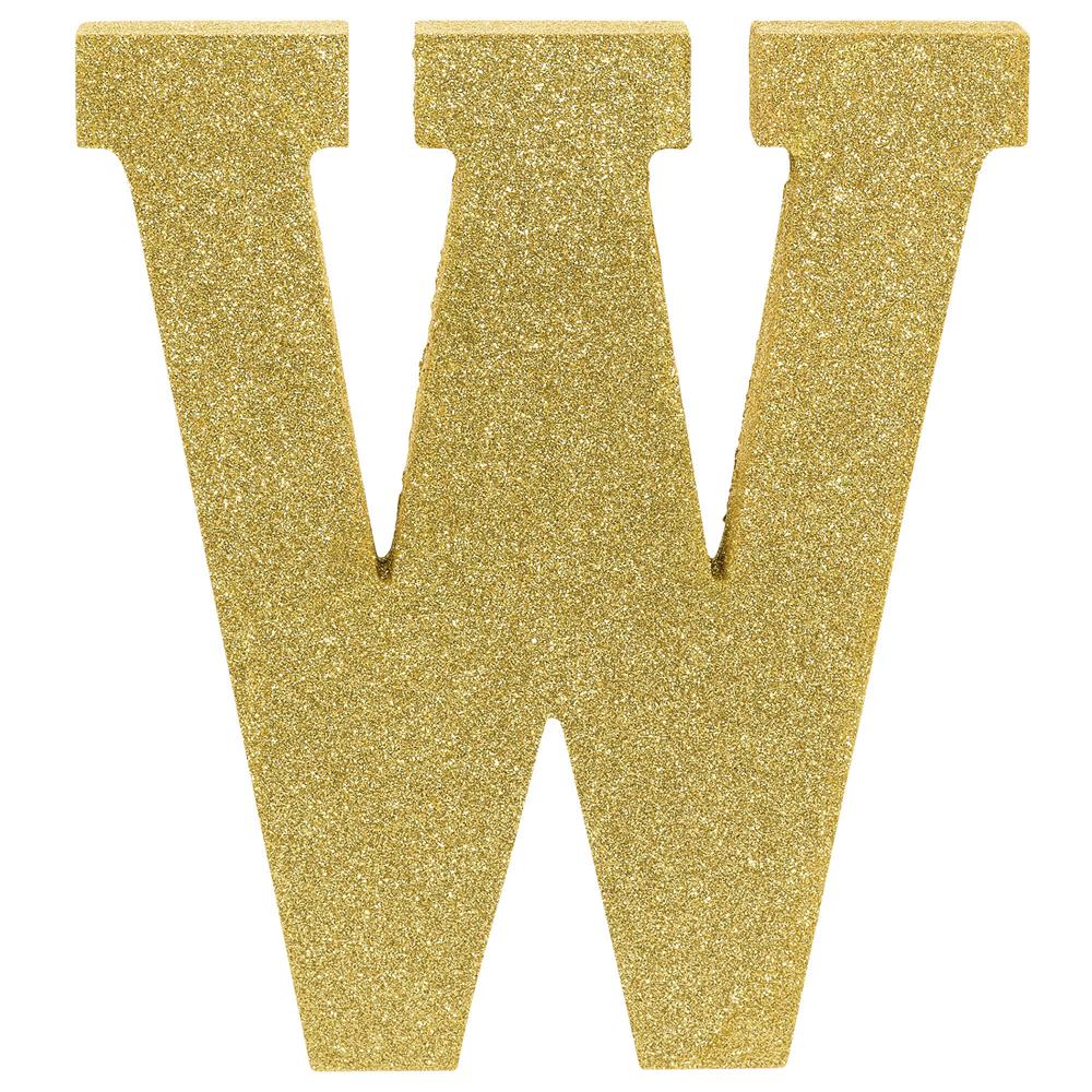 Gold glitter decorative letter W, block style, about 8.875 inches tall and 1 inch thick.