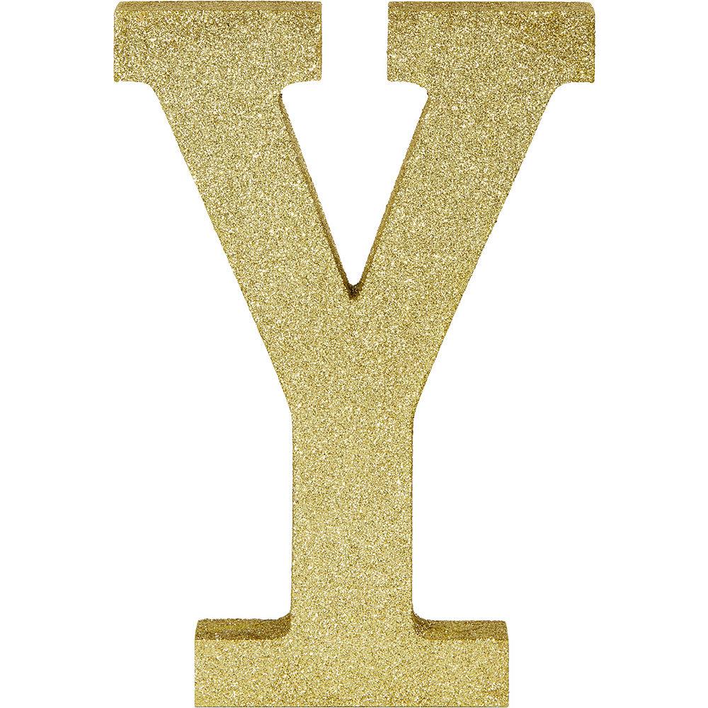 Gold glitter decorative letter Y with a bold serif font, 8.875 inches tall, 1 inch deep.