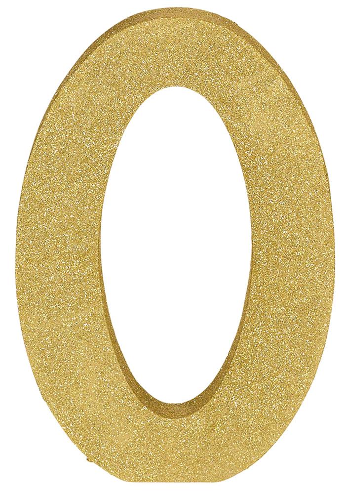 Gold glitter large number 0 decoration, 8.875 inches tall, smooth flat surface.