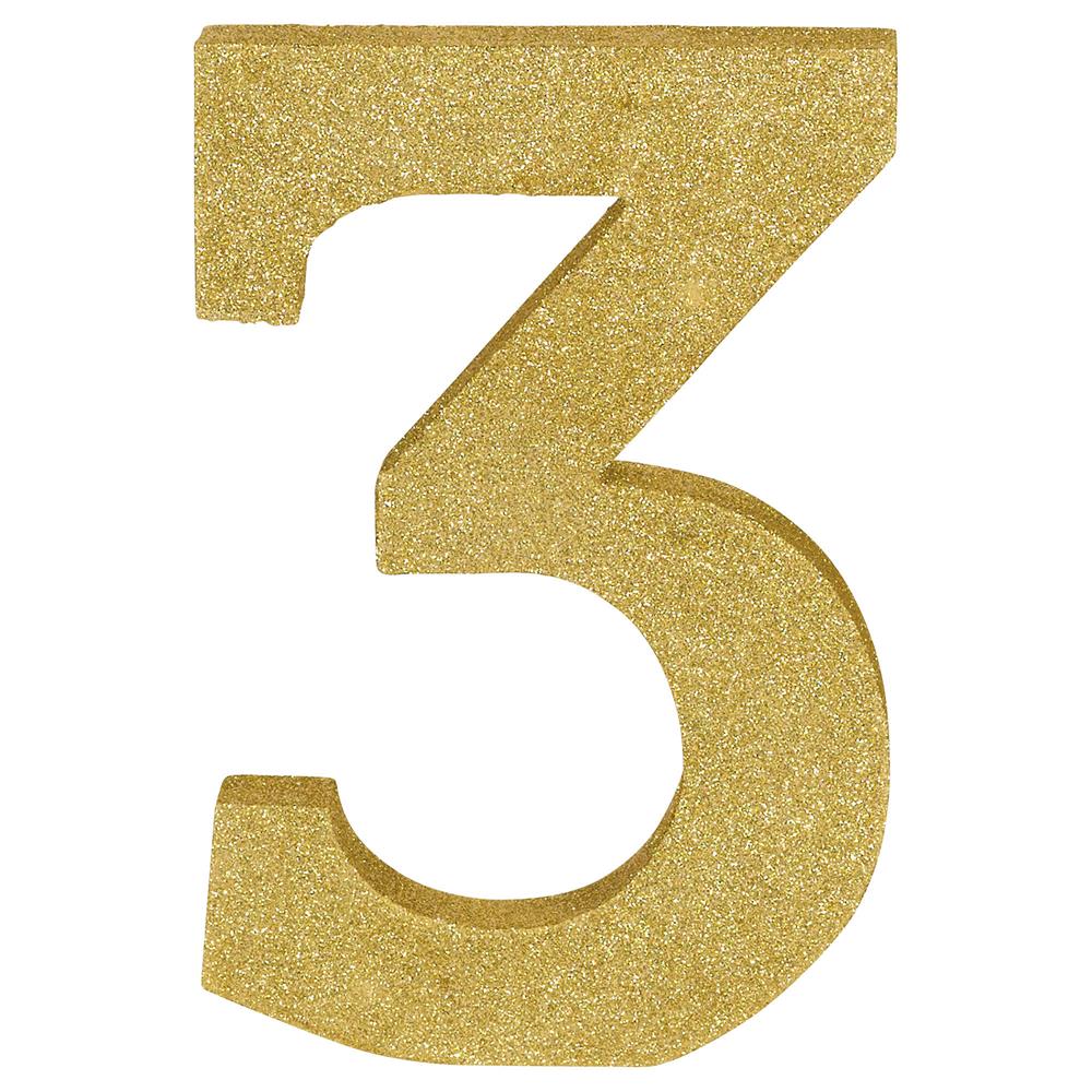 Gold glittery number 3 cake topper, 8.875 inch tall with smooth edges and flat base.