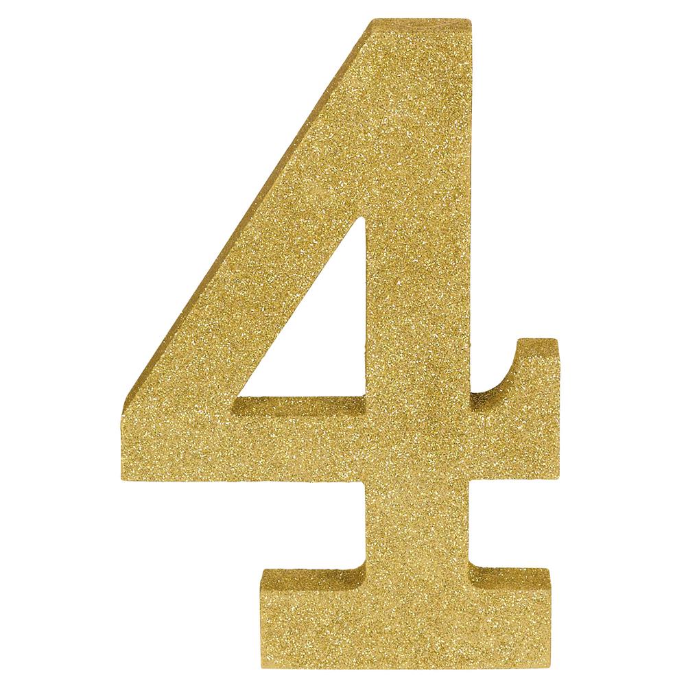 Gold glitter decorative number 4 cake topper, 8.875 by 5.875 inches, flat design.