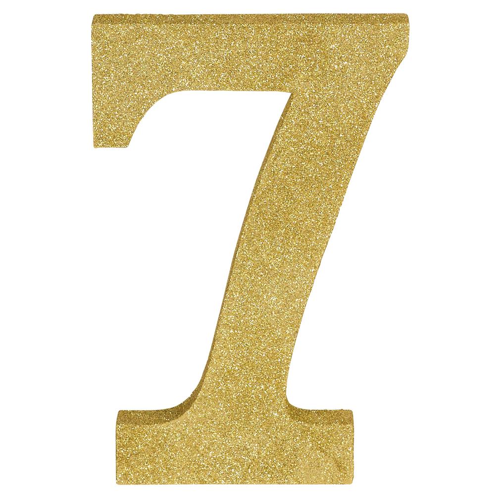 Gold glittery number 7 cake decoration, 8.875 inches tall, flat and slightly rounded edges.