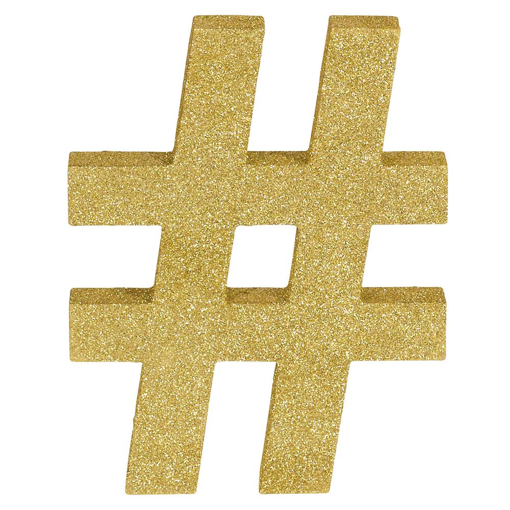 Gold glitter hashtag symbol measuring 8.875 by 5.875 inches with a 1-inch depth.