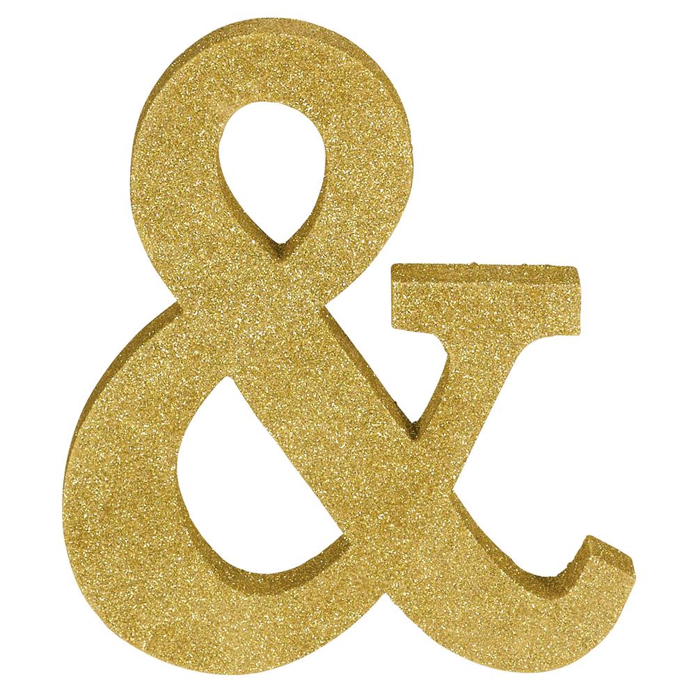 Gold glitter ampersand symbol with thick, block-style shape and smooth edges.