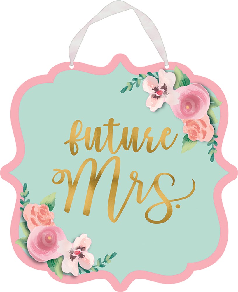 Scalloped mint green cardboard sign with pink border, gold foil "future Mrs" text, and pink floral accents, hanging by white