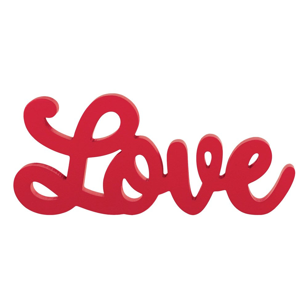 Red cursive script sign spelling "Love" with a smooth, flat surface and rounded edges.