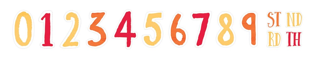 Colorful numbers 0 to 9 in playful red, orange, and yellow with birthday suffixes "st," "nd," "rd," and "th" in matching.