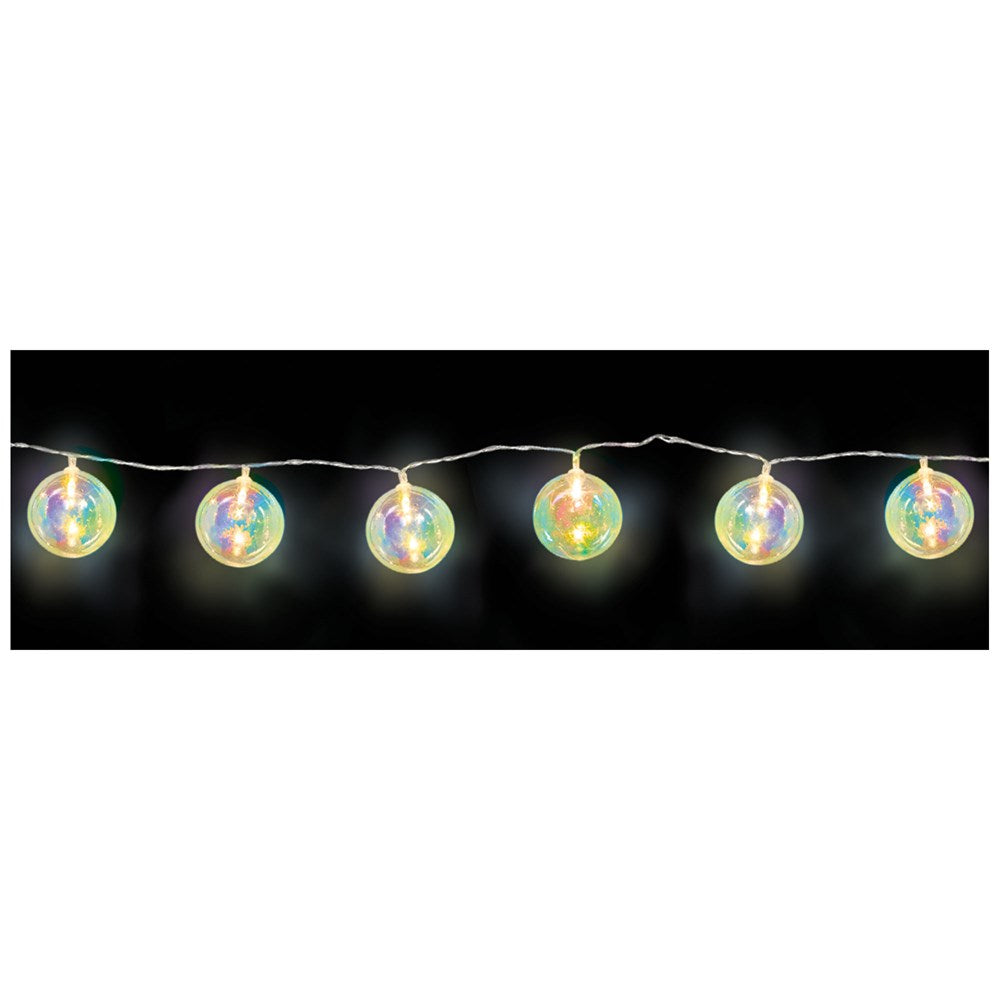 String of iridescent spherical LED lights glowing softly on a clear wire against a black background.