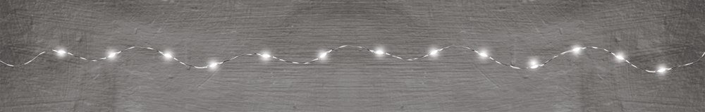 White battery-operated LED fairy string lights with thin silver wire and small glowing bulbs.