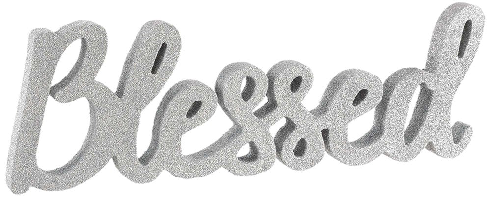 Silver glittery script sign spelling "Blessed" with cursive connected letters.