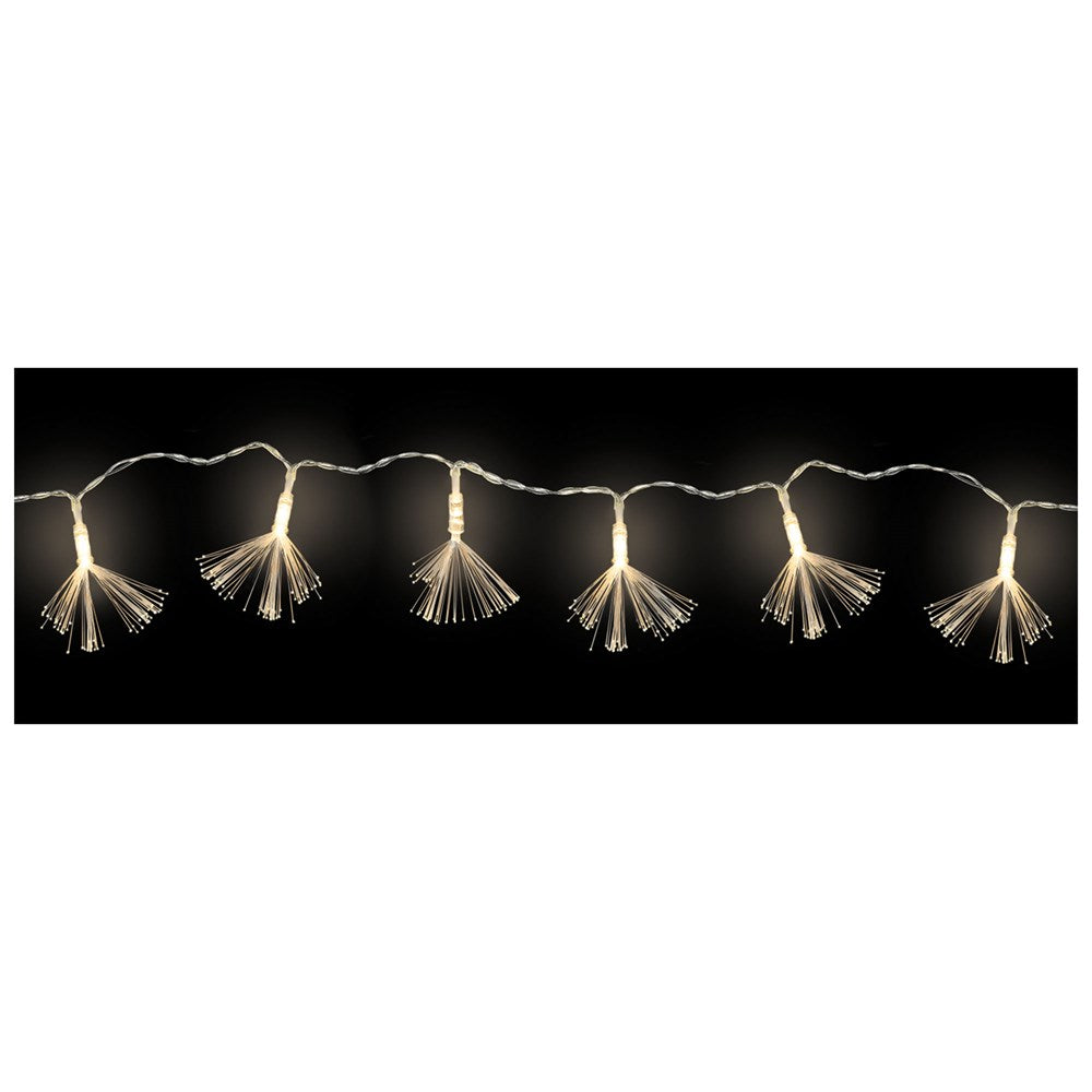 Warm white LED string lights with delicate tassel-shaped covers on a thin silver wire.