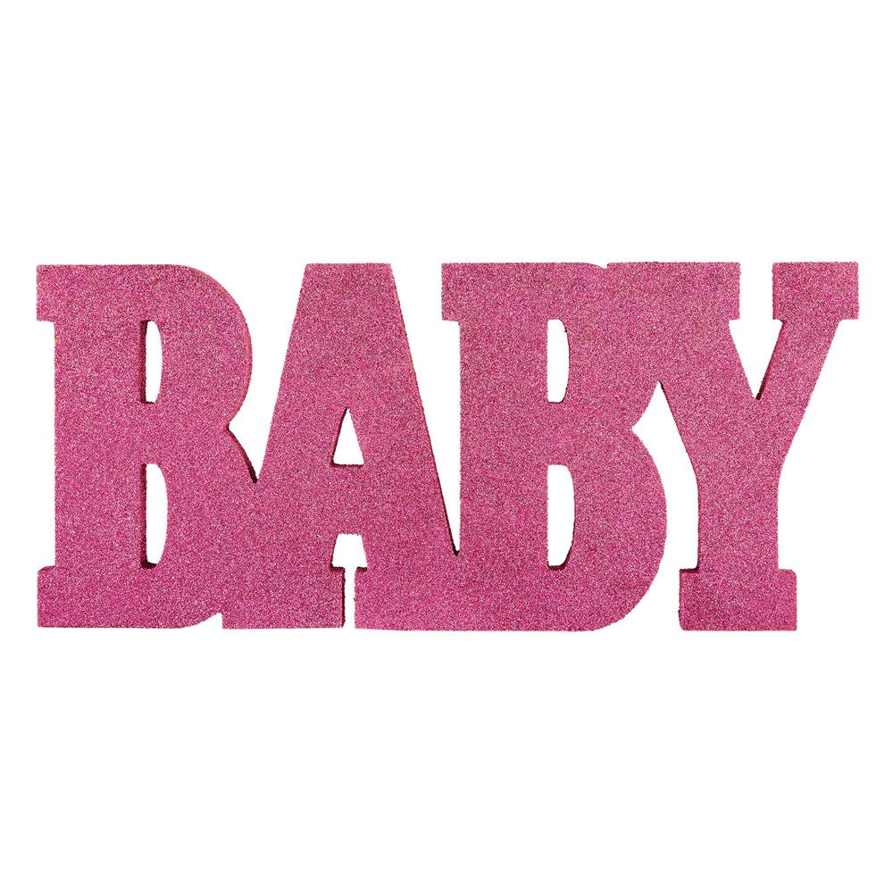 Pink glitter wooden letters spelling "BABY" in bold uppercase block style.