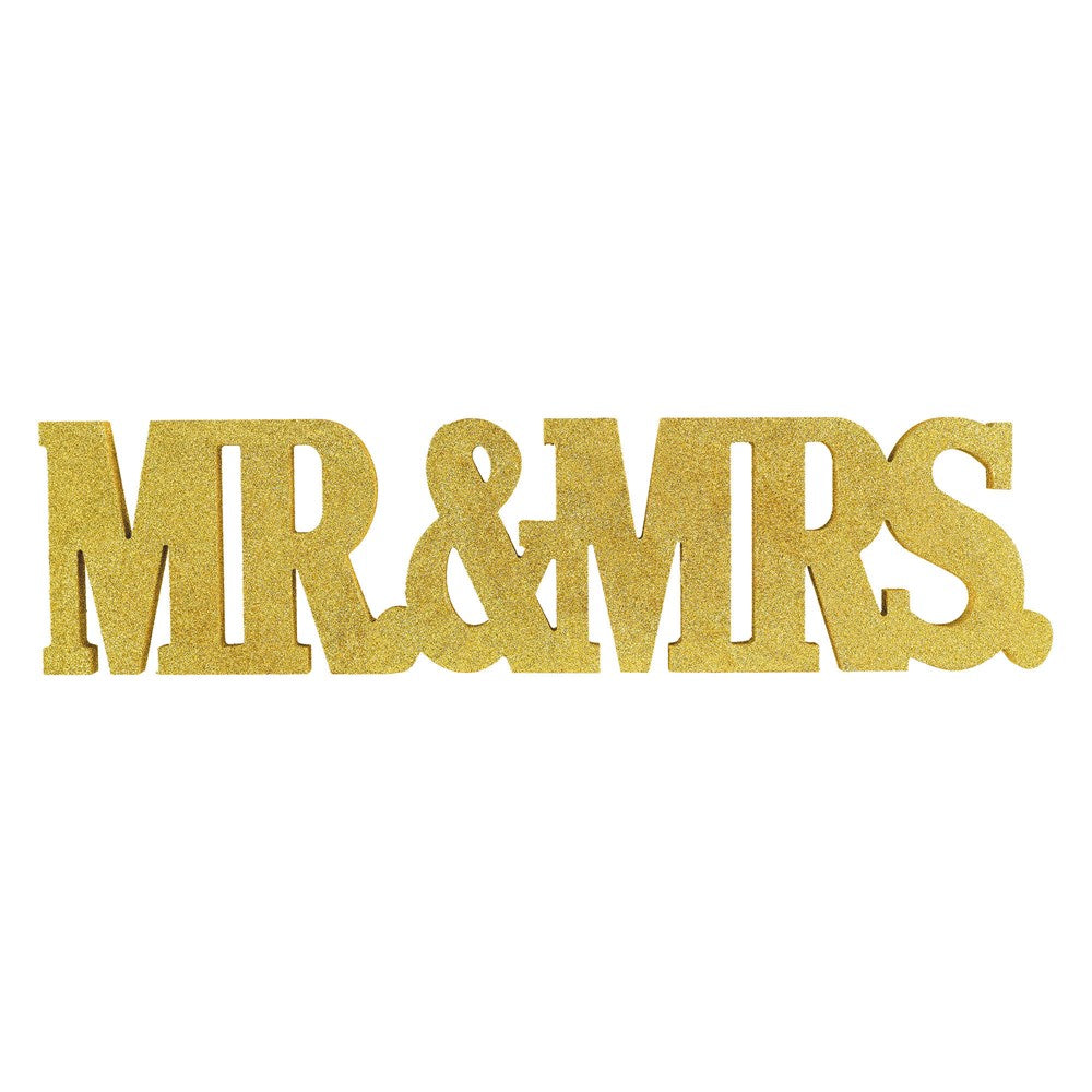Gold glitter "MR & MRS" standing decoration with bold serif font for wedding décor.