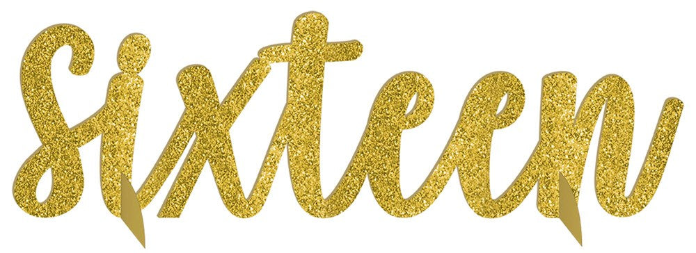 Gold glitter "sixteen" script centerpiece decoration for milestone birthday parties.