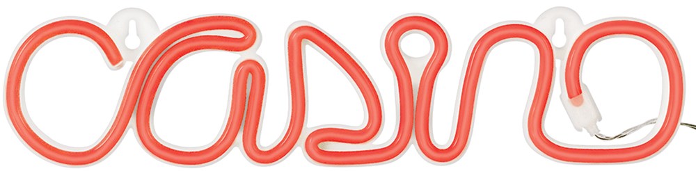 Red neon-style LED light sign spelling "casino" in cursive script with attached white power cord.