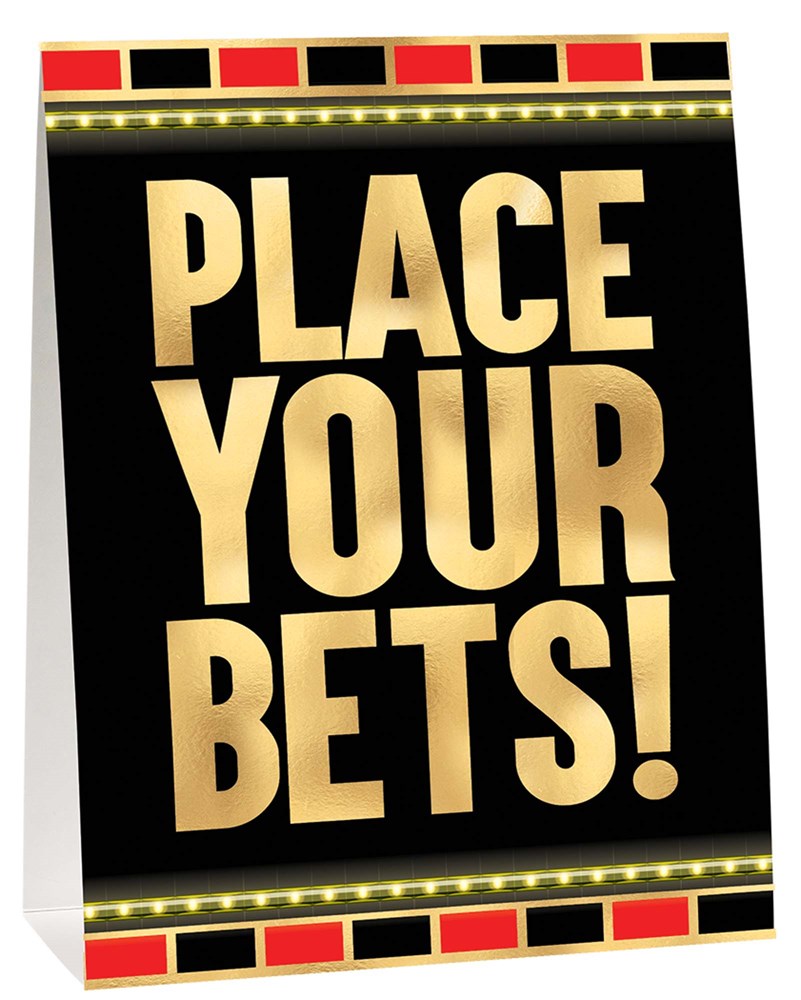 Black and gold casino sign with "Place Your Bets!" in bold letters and red and gold border accents.