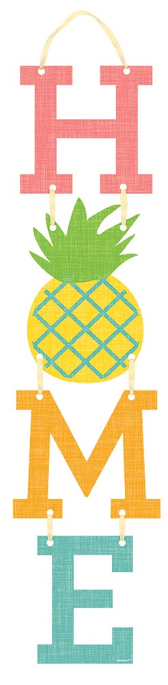 Decorative wooden hanging sign with letters H, M, E in red, orange, and green, with a yellow pineapple replacing the letter.