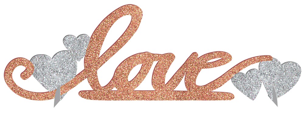 Copper glitter "love" script with three silver glitter hearts on a clear base table decoration.